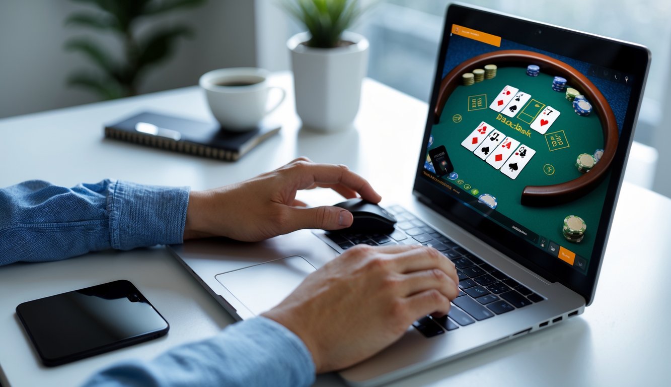 Seseorang bermain blackjack online di depan komputer dengan meja blackjack virtual, kartu, dan chip terlihat jelas di layar.