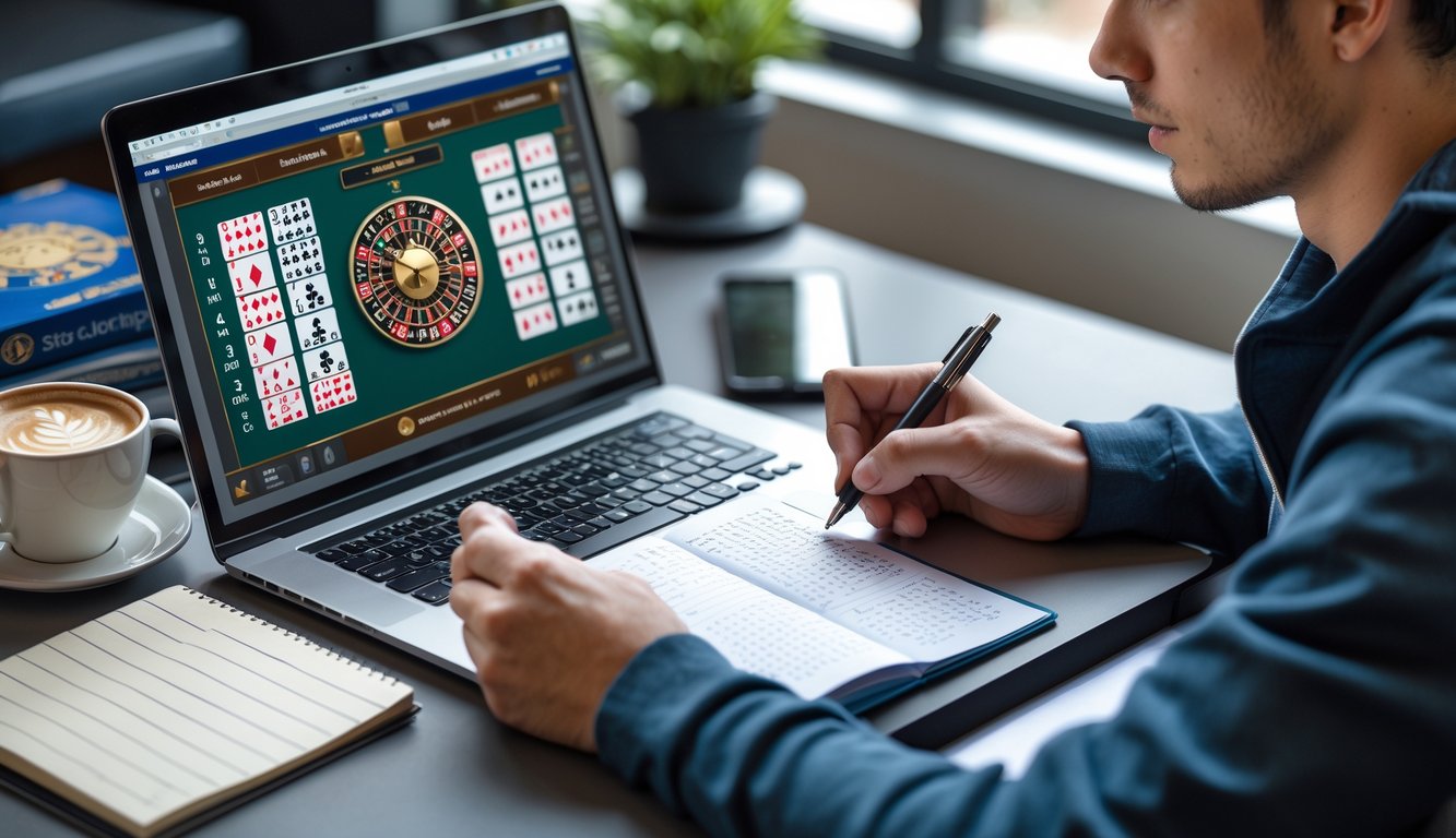 Seseorang sedang belajar strategi blackjack online dengan laptop dan mencatat di meja kerja yang terang.