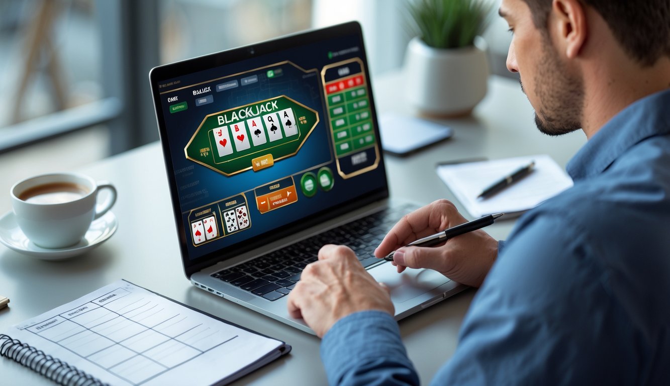 Seseorang sedang belajar strategi blackjack online di depan laptop dengan catatan dan alat tulis di meja.