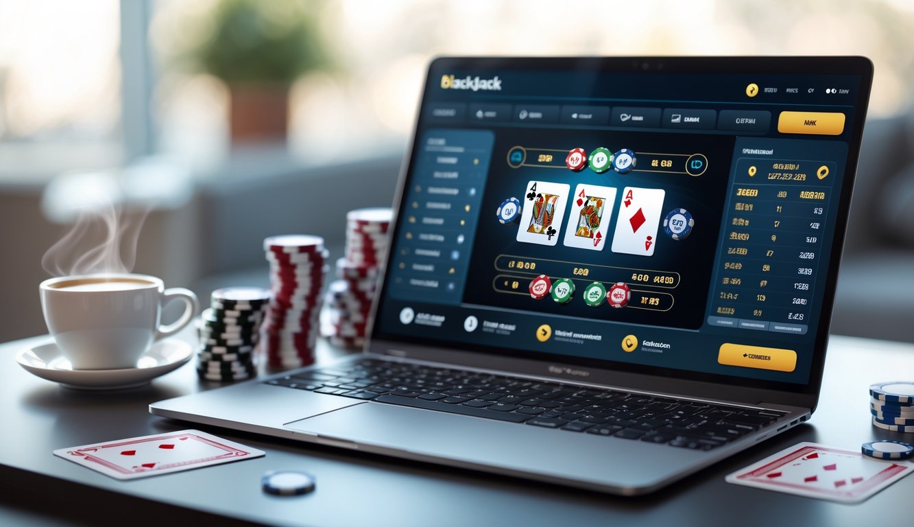 Sebuah laptop menampilkan permainan blackjack online dengan kartu dan chip di meja yang rapi.