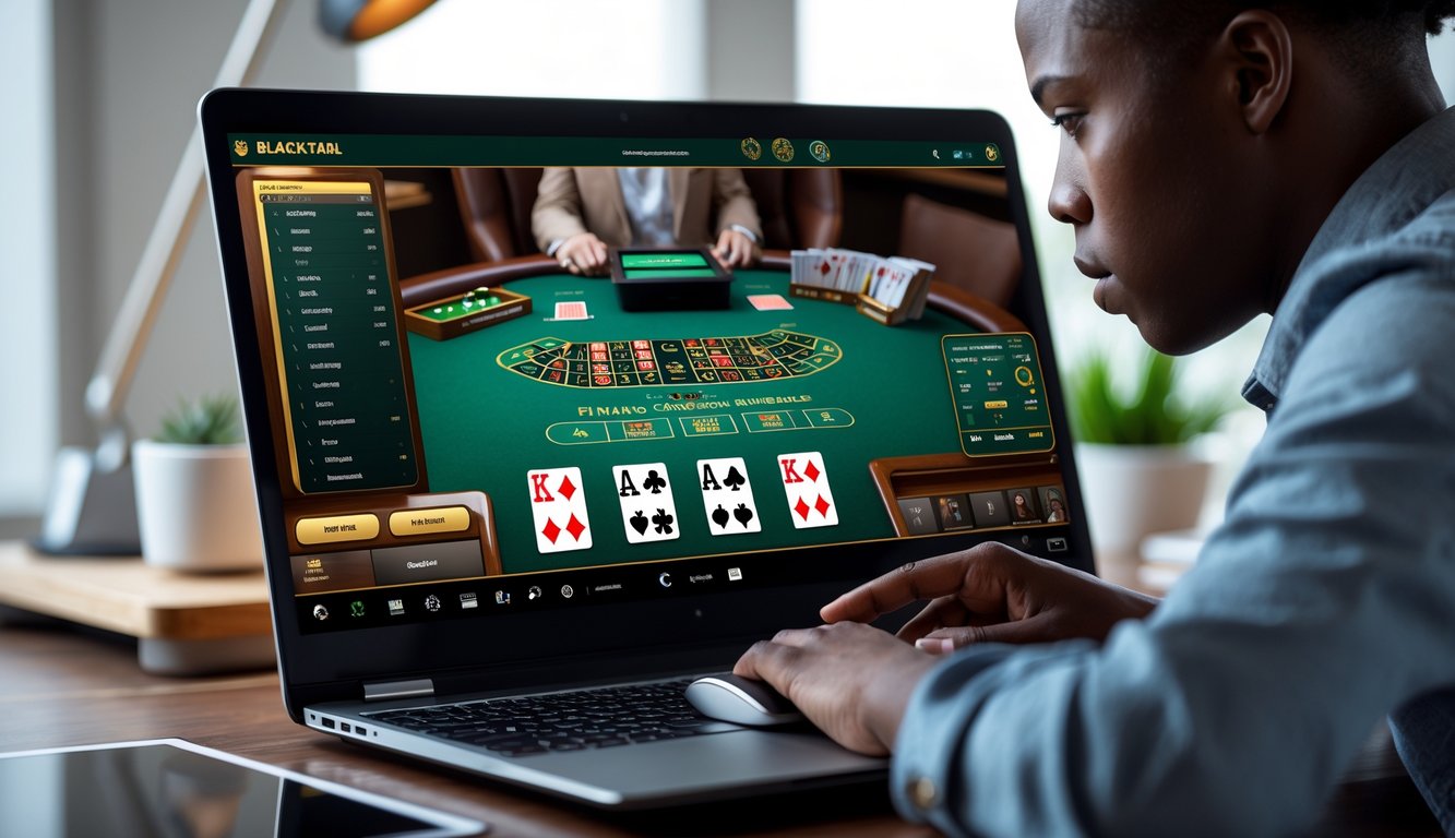 Seorang pemain muda sedang bermain blackjack online di depan komputer dengan meja blackjack digital dan chip di layar.