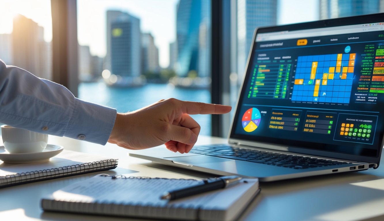 Seseorang menggunakan laptop di meja kerja dengan grafik data togel, latar belakang kota Sydney terlihat samar melalui jendela.