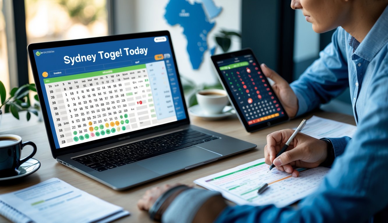 Seorang pria sedang menganalisis data togel Sydney hari ini di sebuah meja kerja dengan laptop dan tablet.