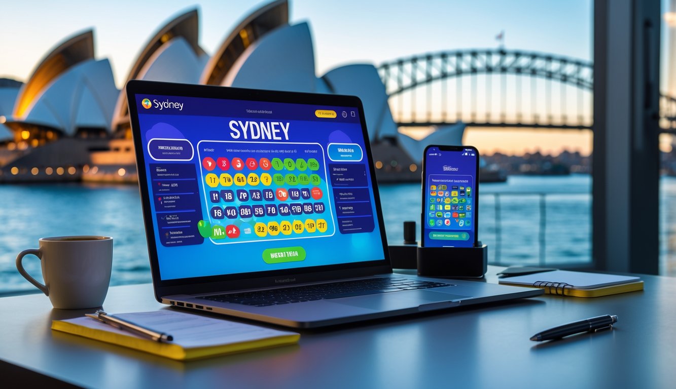 Meja kerja modern dengan laptop yang menampilkan antarmuka lotere online, ponsel, cangkir kopi, dan latar belakang kota Sydney dengan gedung Opera House dan Harbour Bridge.