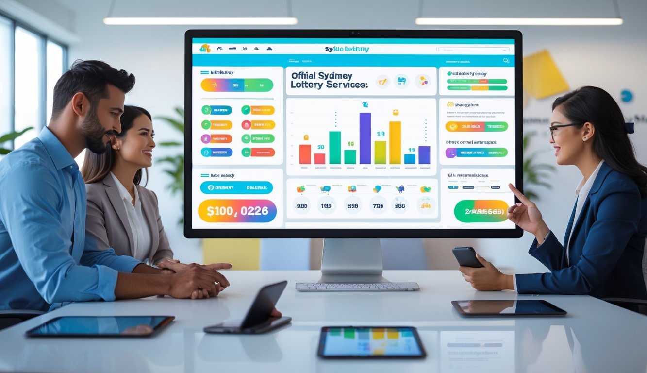 Sebuah kantor modern dengan monitor komputer yang menampilkan antarmuka platform togel online Sydney, dengan dua profesional sedang berdiskusi di dekat meja kerja.