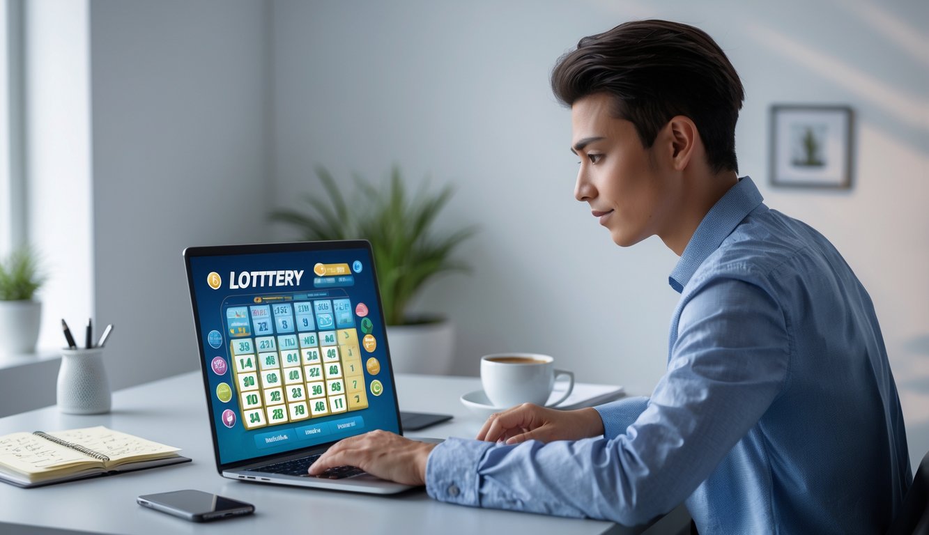 Seseorang duduk di meja dengan laptop, terlihat fokus bermain permainan angka secara online di ruang kerja yang rapi.