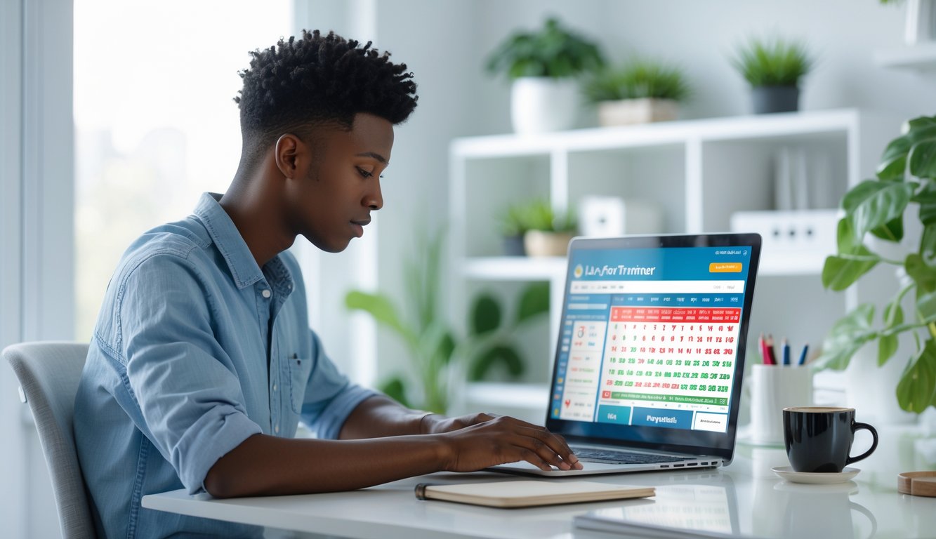 Seorang dewasa muda duduk di meja kerja dengan laptop, terlihat fokus mempelajari permainan togel online di ruangan yang terang dan rapi.