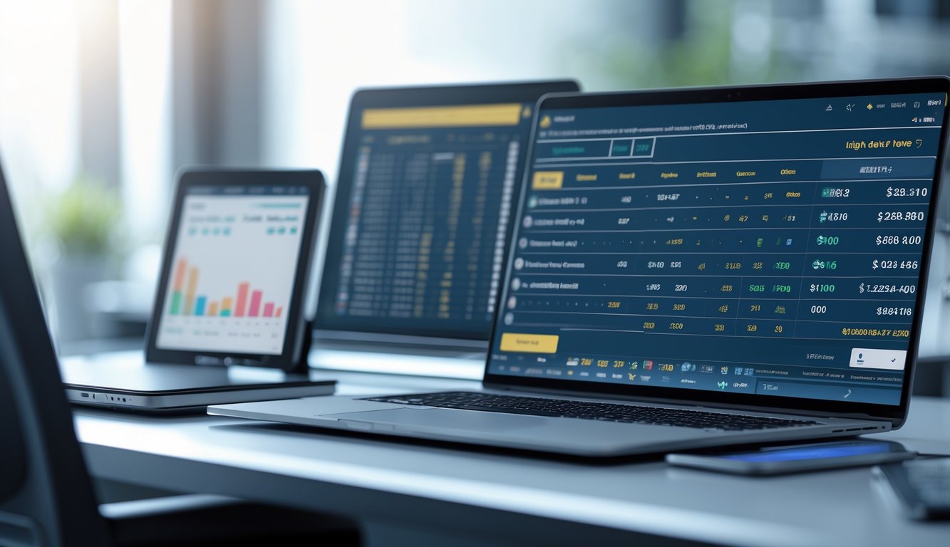 Meja kerja modern dengan laptop dan ponsel menampilkan data angka togel online.