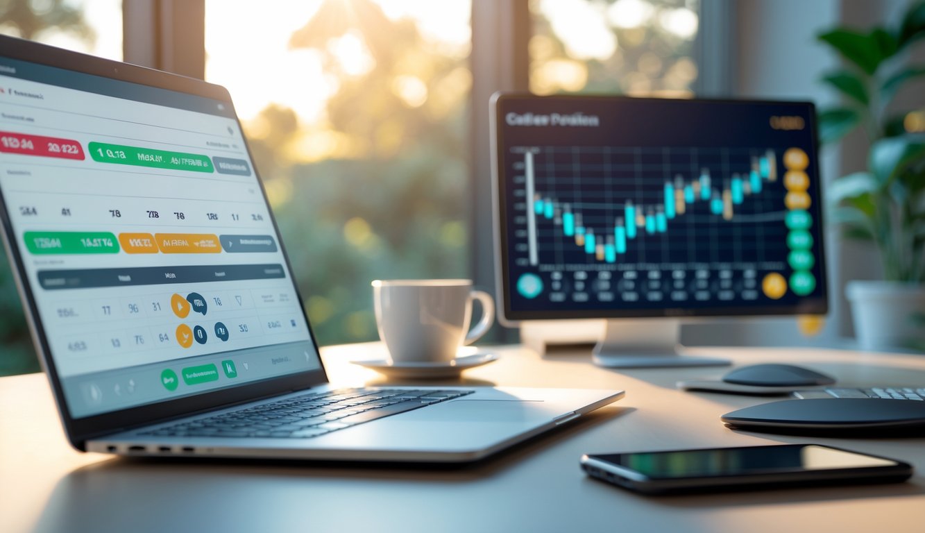 Meja kerja modern dengan laptop, ponsel, dan secangkir kopi di dekat jendela yang menerangi ruangan.