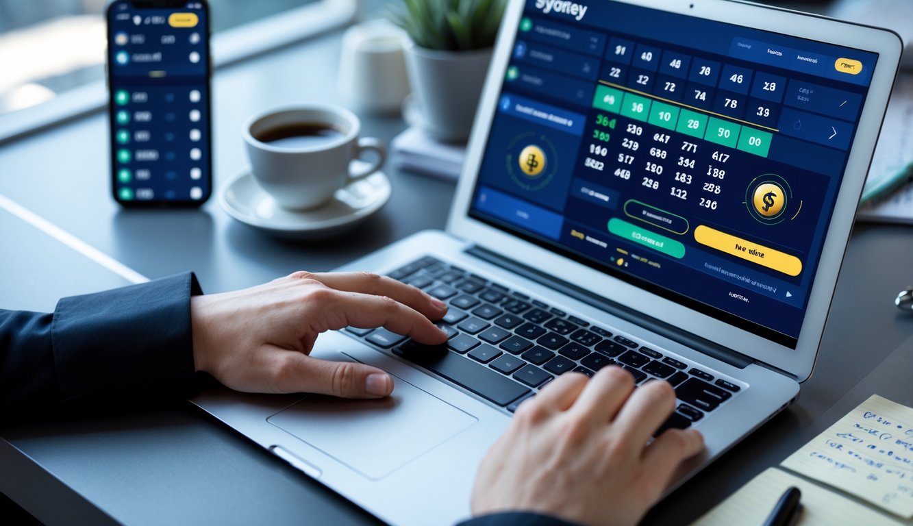 Seseorang sedang menggunakan laptop di meja kerja dengan tampilan antarmuka lotere digital dan perangkat pendukung di sekitarnya.