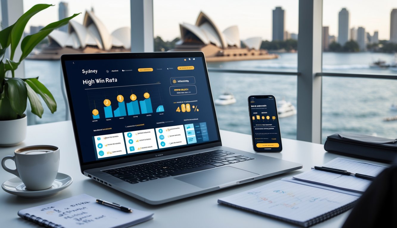 Meja kerja modern dengan laptop yang menampilkan grafik dan statistik, latar belakang pemandangan Sydney, serta perangkat dan alat tulis di sekitar meja.