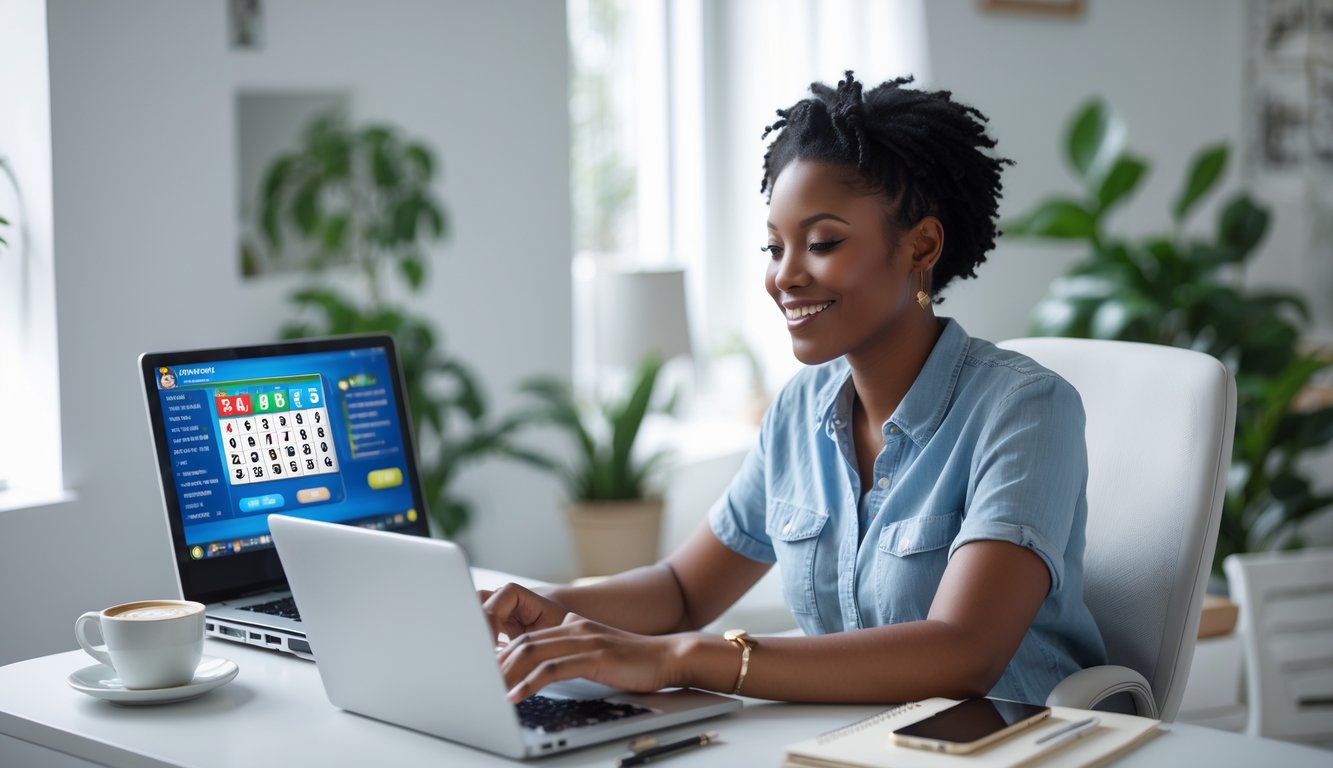 Seseorang duduk di meja dengan laptop, terlihat fokus dan percaya diri, di ruang kerja rumah yang rapi dengan secangkir kopi dan tanaman di latar belakang.