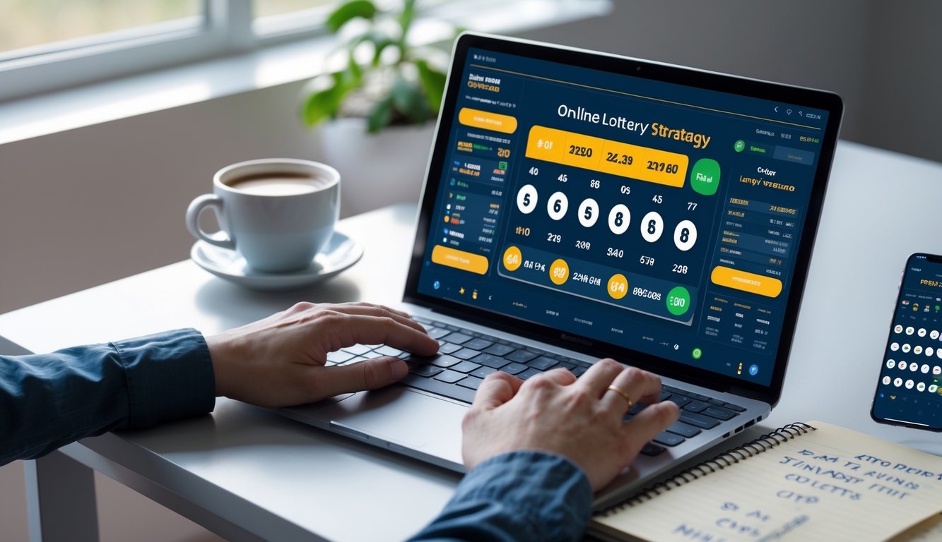 Seseorang sedang menggunakan laptop dan smartphone di meja kerja dengan catatan dan secangkir kopi, fokus pada aktivitas memasang togel online.