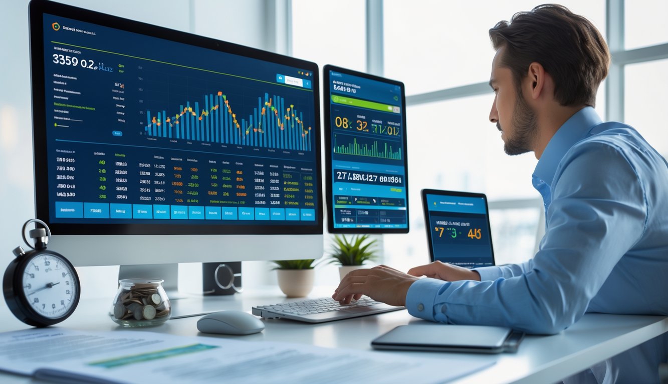 Sebuah ruang kerja modern dengan monitor komputer menampilkan data hasil togel dan grafik, seseorang sedang menganalisis data dengan perangkat elektronik di meja yang rapi.