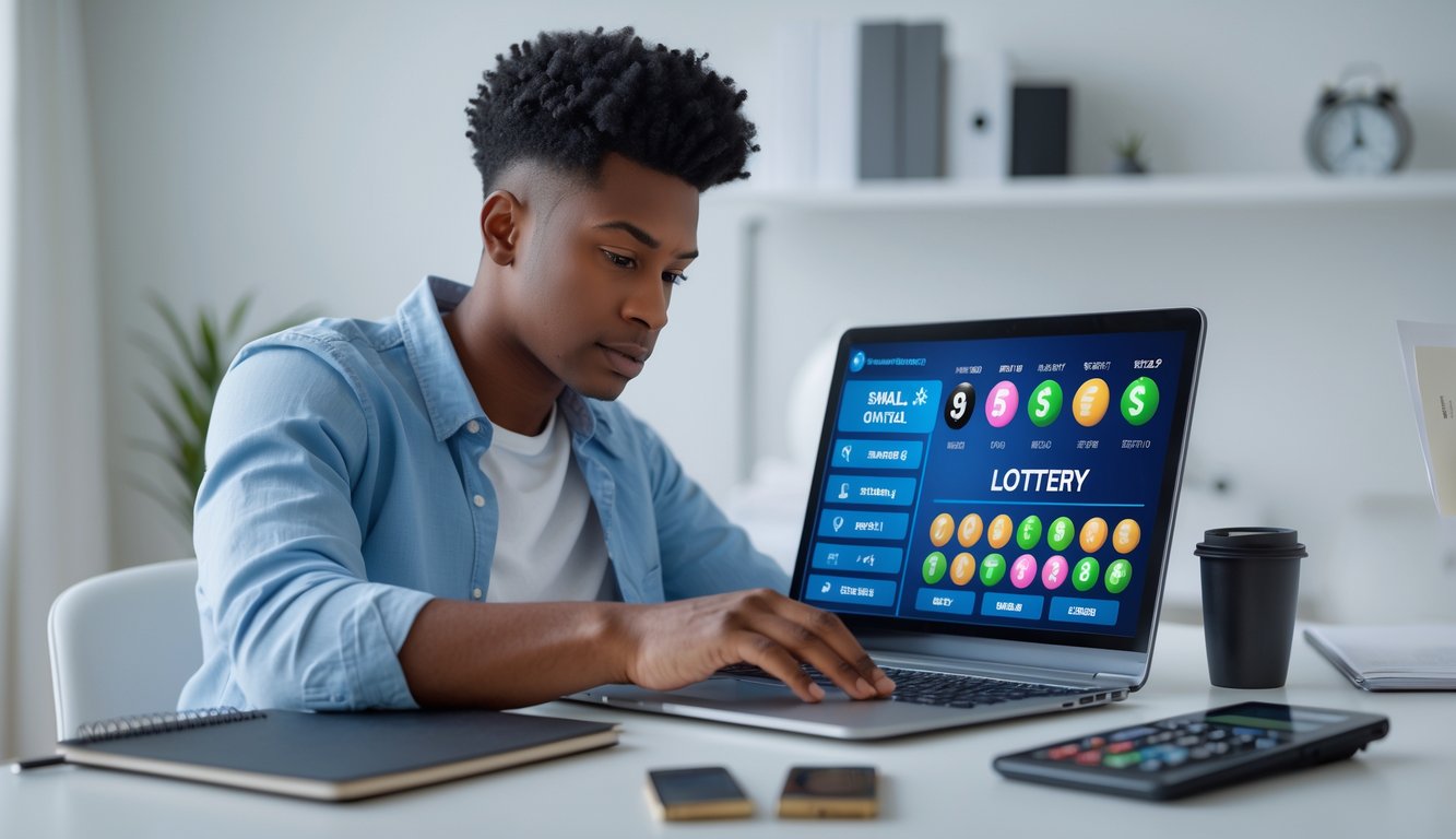 Seorang dewasa muda duduk di meja modern dengan laptop, terlihat fokus dan berpikir sambil merencanakan strategi bermain togel online.