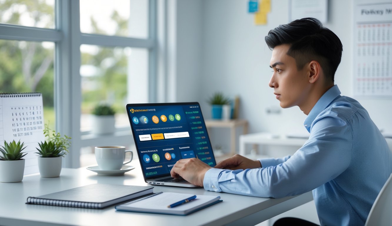 Seorang dewasa muda duduk di meja kerja dengan laptop dan ponsel, fokus menganalisis data untuk bermain togel Sydney online.