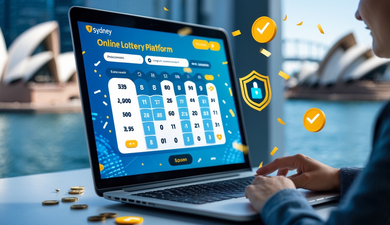 Seseorang menggunakan komputer dengan tampilan antarmuka lotere online yang aman dan terpercaya dengan latar belakang ikon Sydney.