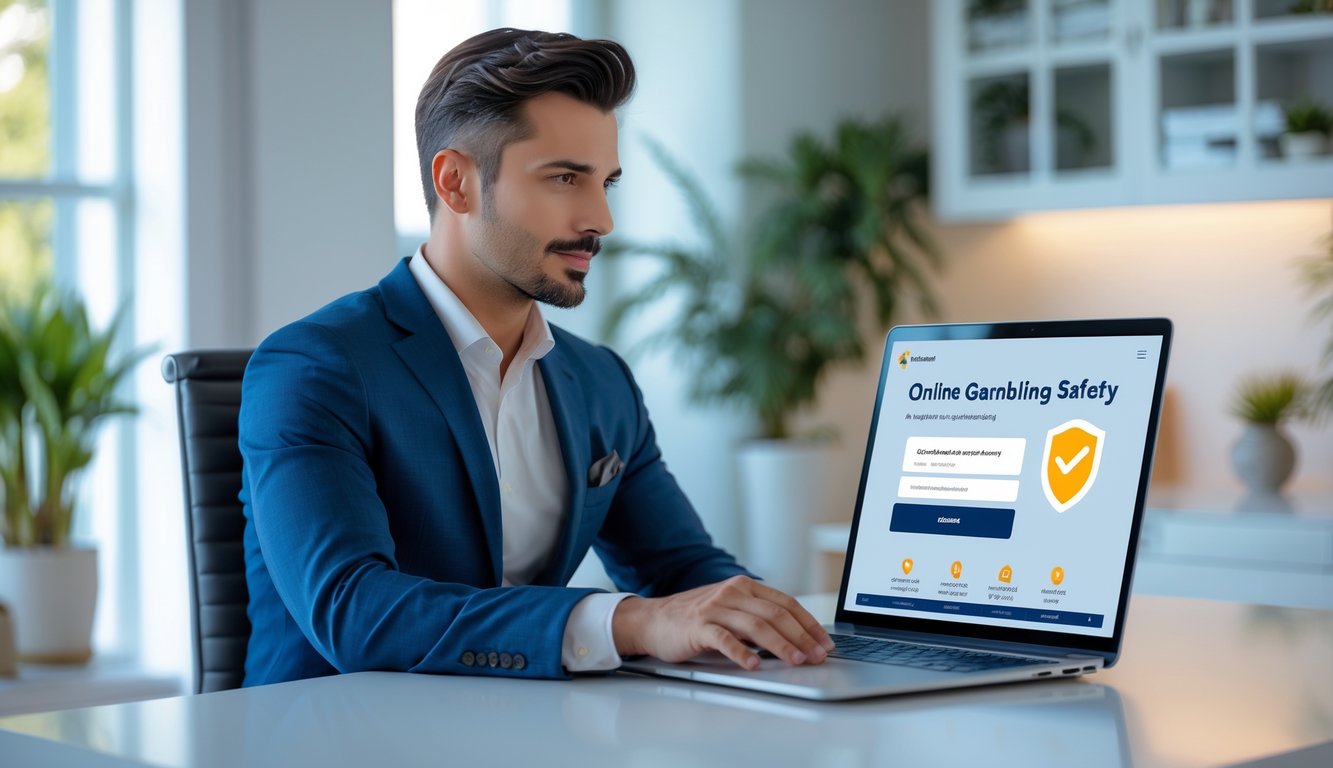 Seorang pria berpakaian rapi duduk di meja modern menggunakan laptop di ruang kerja rumah yang terang dan nyaman.