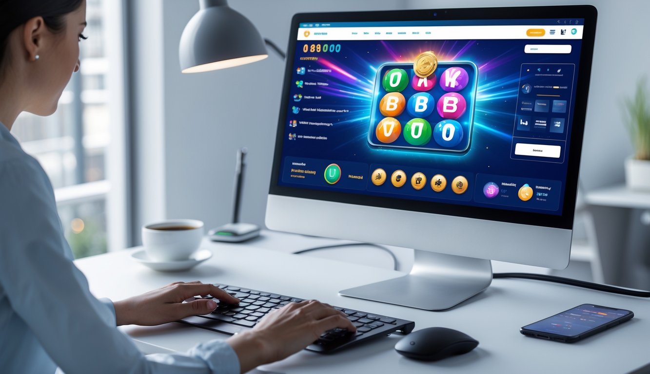 Meja kerja modern dengan komputer yang menampilkan antarmuka permainan togel online, tangan seseorang menggunakan mouse dan keyboard.