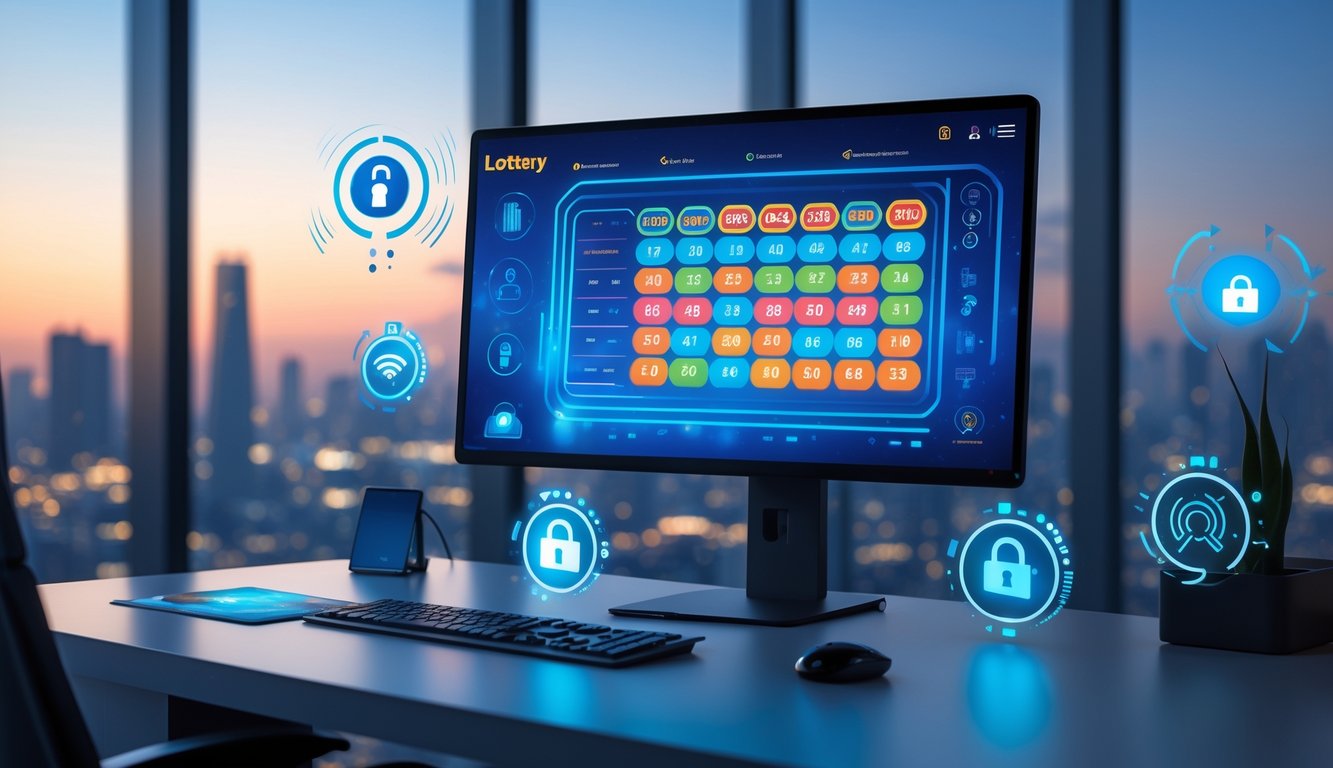 Sebuah ruang kerja modern dengan komputer yang menampilkan antarmuka permainan lotere online dan elemen keamanan digital.