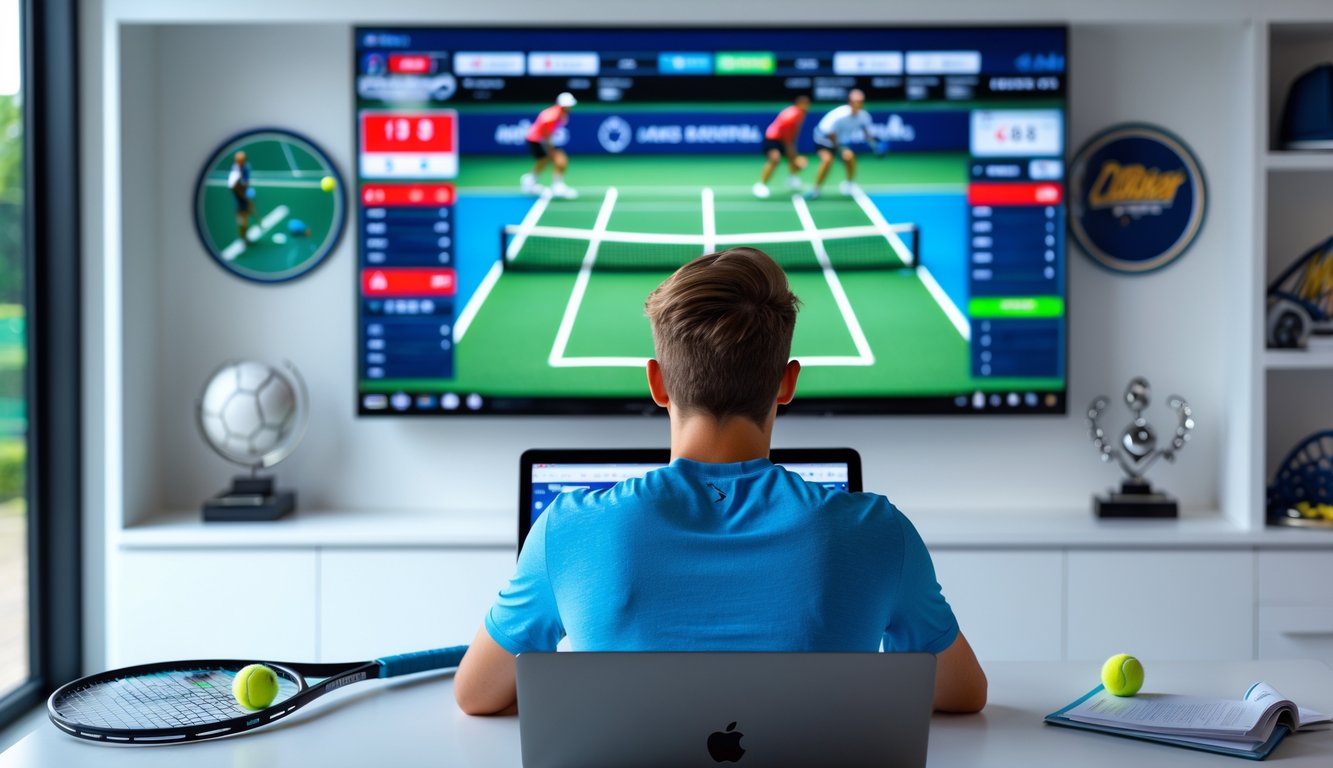 Seorang pria muda duduk di meja dengan laptop, melihat statistik tenis dan strategi taruhan, dengan raket tenis dan bola di atas meja, serta layar besar menampilkan pertandingan tenis yang sedang berlangsung di latar belakang.