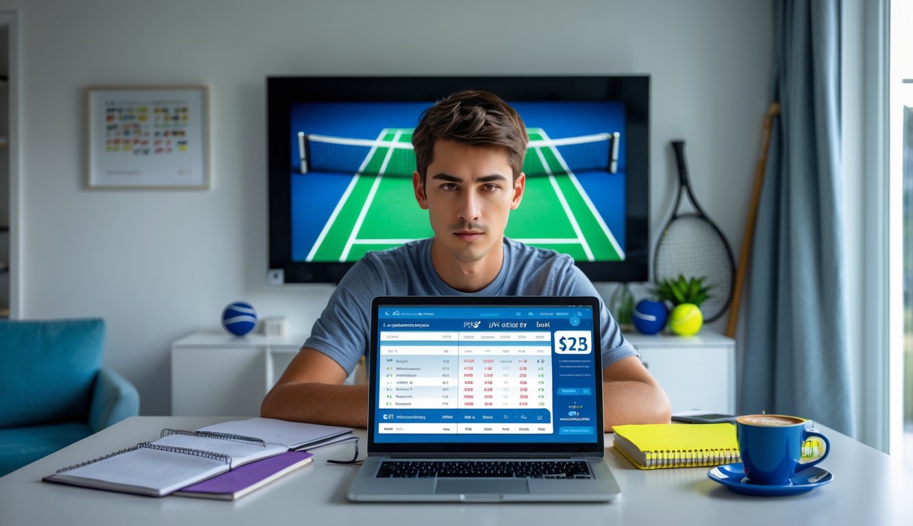 Seorang pria muda duduk di meja dengan laptop dan layar TV menampilkan pertandingan tenis, sedang menganalisis strategi taruhan tenis.