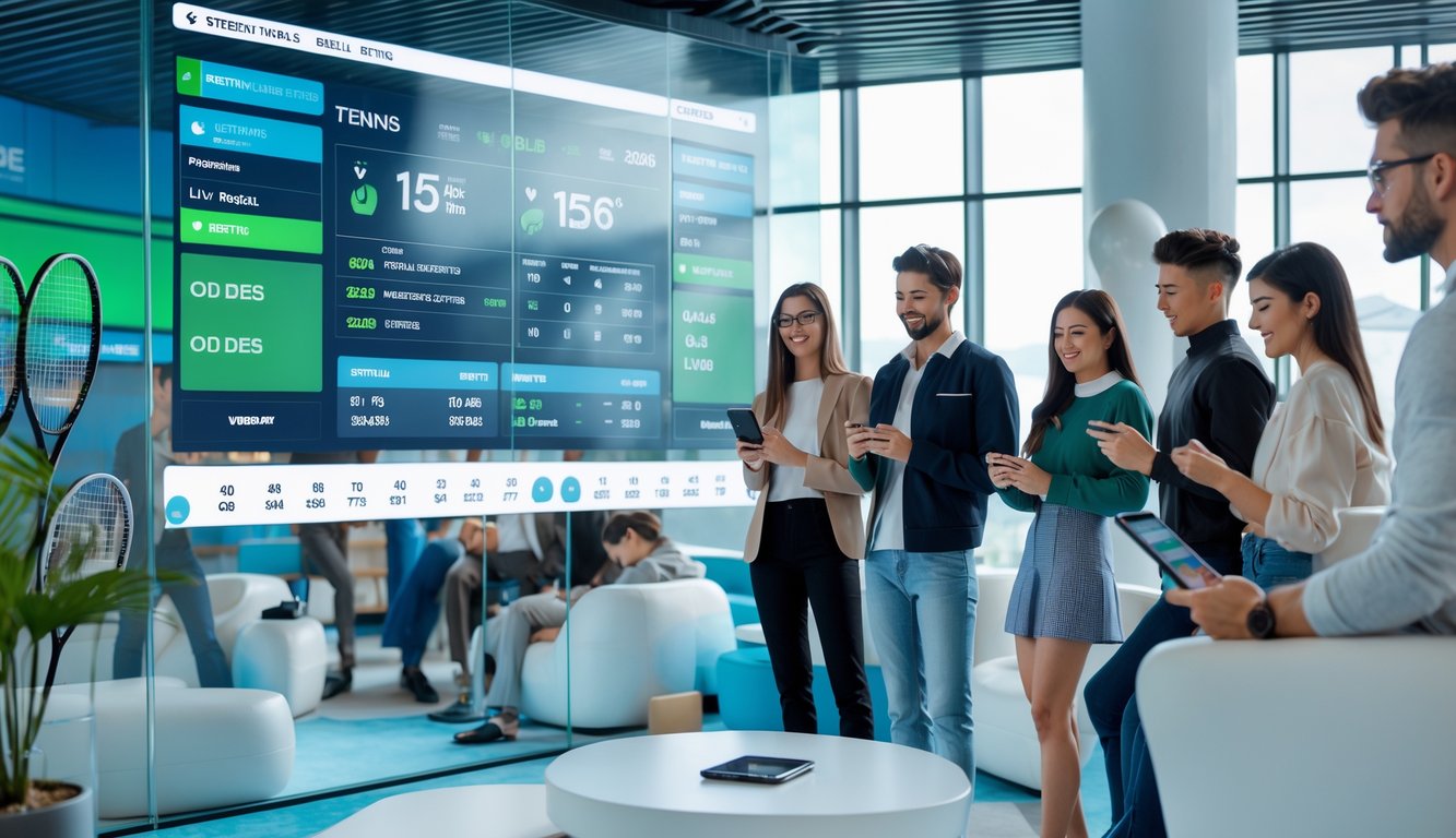 Beberapa orang muda sedang melihat layar digital besar yang menampilkan statistik dan pembaruan pertandingan tenis secara langsung dalam suasana lounge modern.