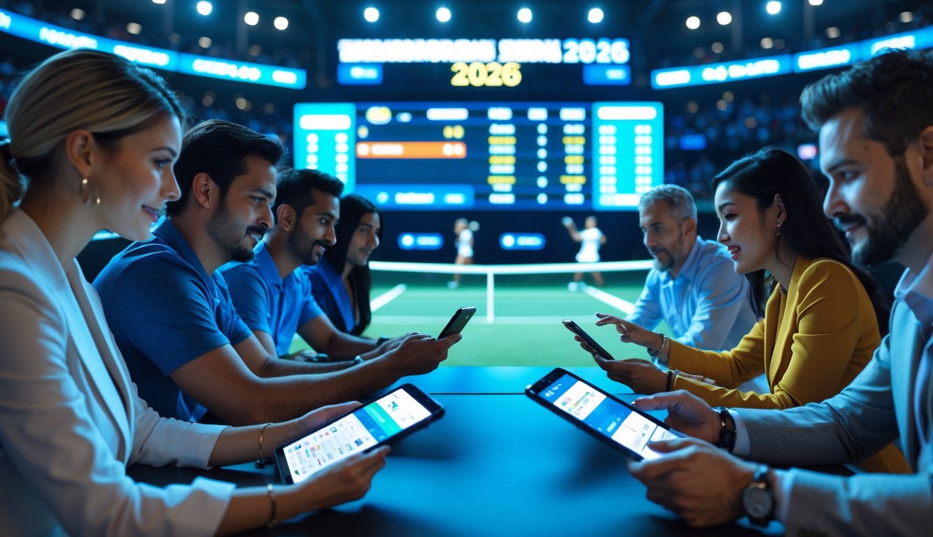Orang-orang sedang bertaruh pada pertandingan tenis secara langsung dengan layar digital besar menampilkan statistik dan peluang taruhan.