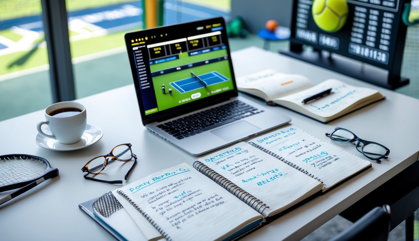 Meja kerja dengan laptop menampilkan pertandingan tenis, buku catatan terbuka, dan perlengkapan tenis di latar belakang.