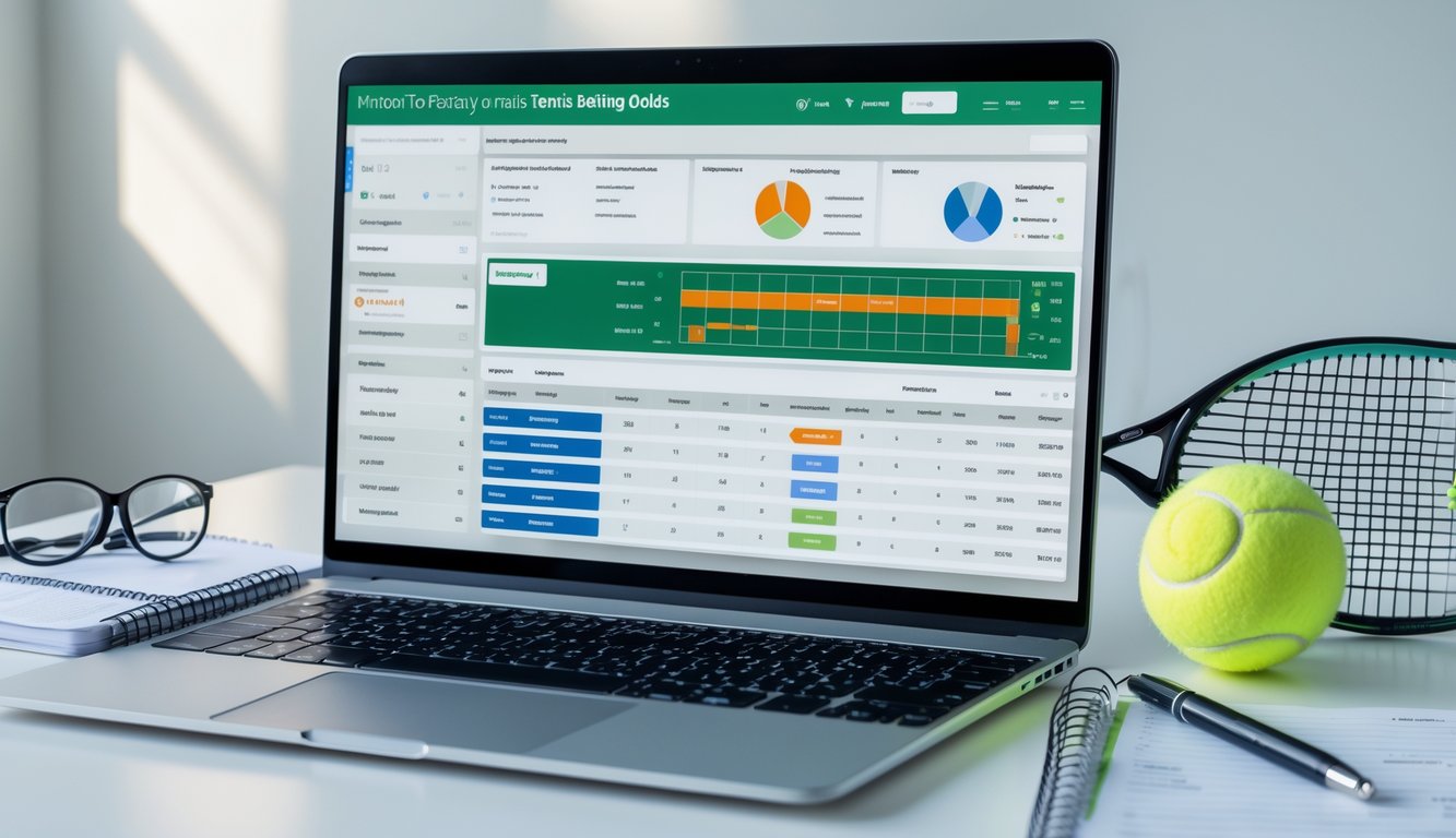 Meja kerja dengan laptop yang menampilkan tampilan odds taruhan tenis, buku catatan, bola tenis, dan kacamata olahraga.