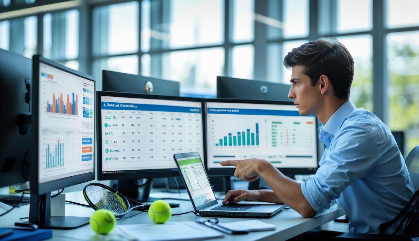 Seorang analis olahraga sedang melihat data statistik pemain tenis di beberapa layar komputer di sebuah kantor modern.