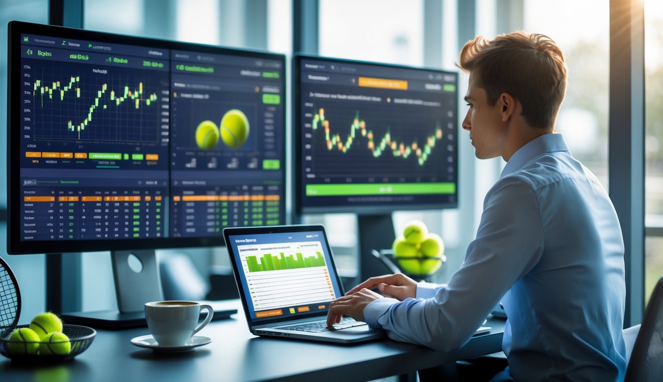 Seorang analis olahraga yang fokus melihat data statistik pemain tenis di beberapa layar komputer di sebuah kantor modern.