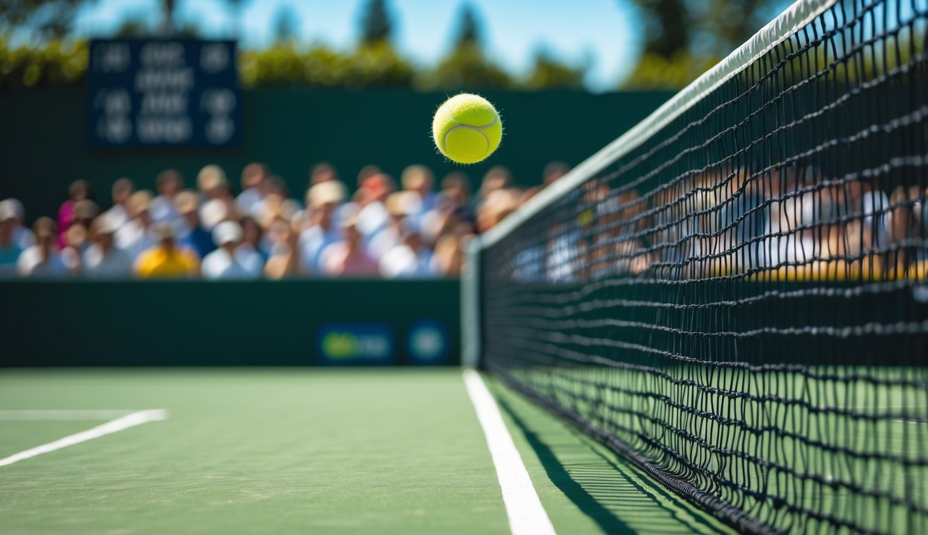 Pertandingan tenis dengan bola tenis di atas net dan penonton di latar belakang.