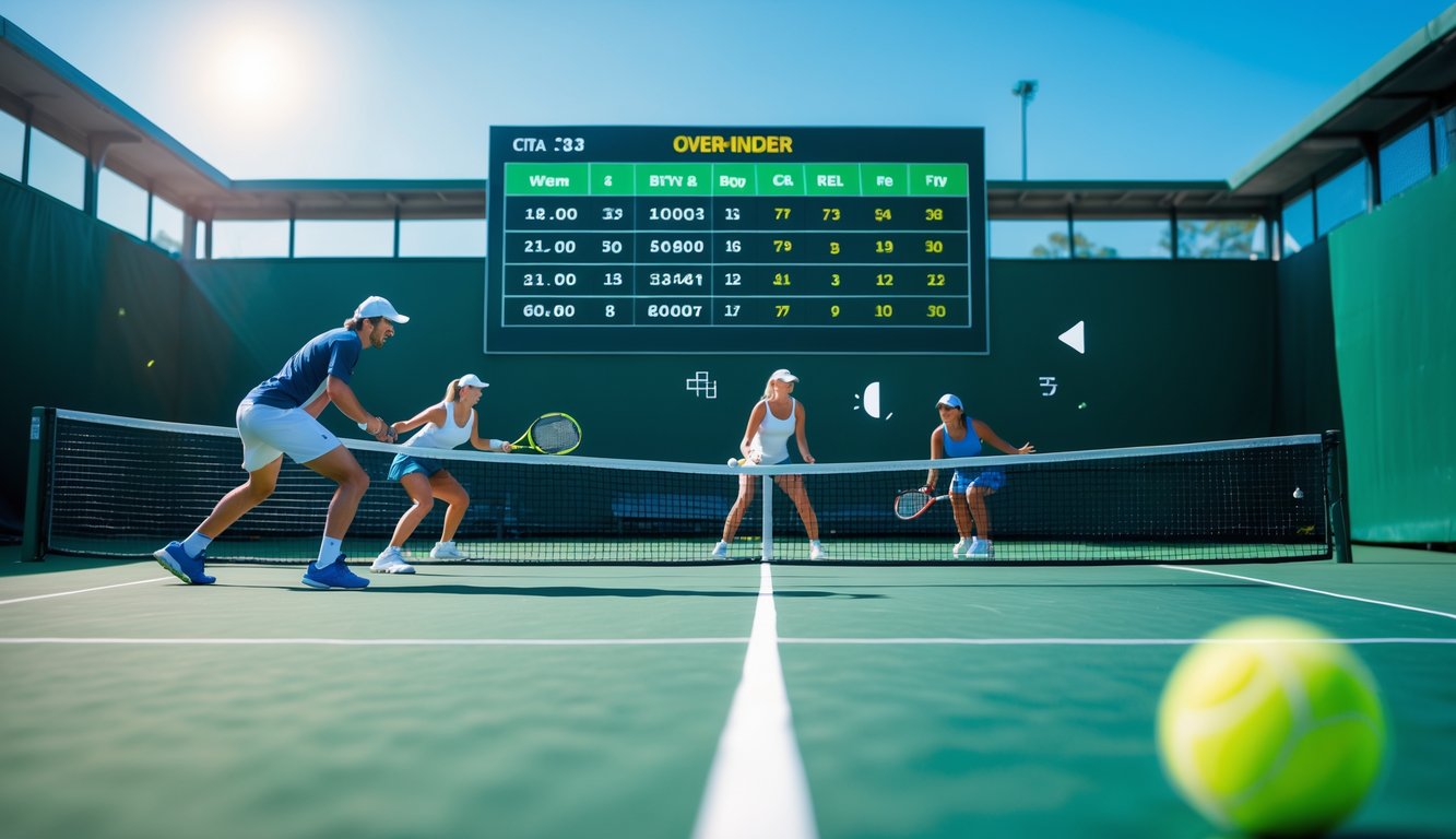 Pertandingan tenis sedang berlangsung di lapangan outdoor dengan dua pemain yang sedang memukul bola tenis di udara.