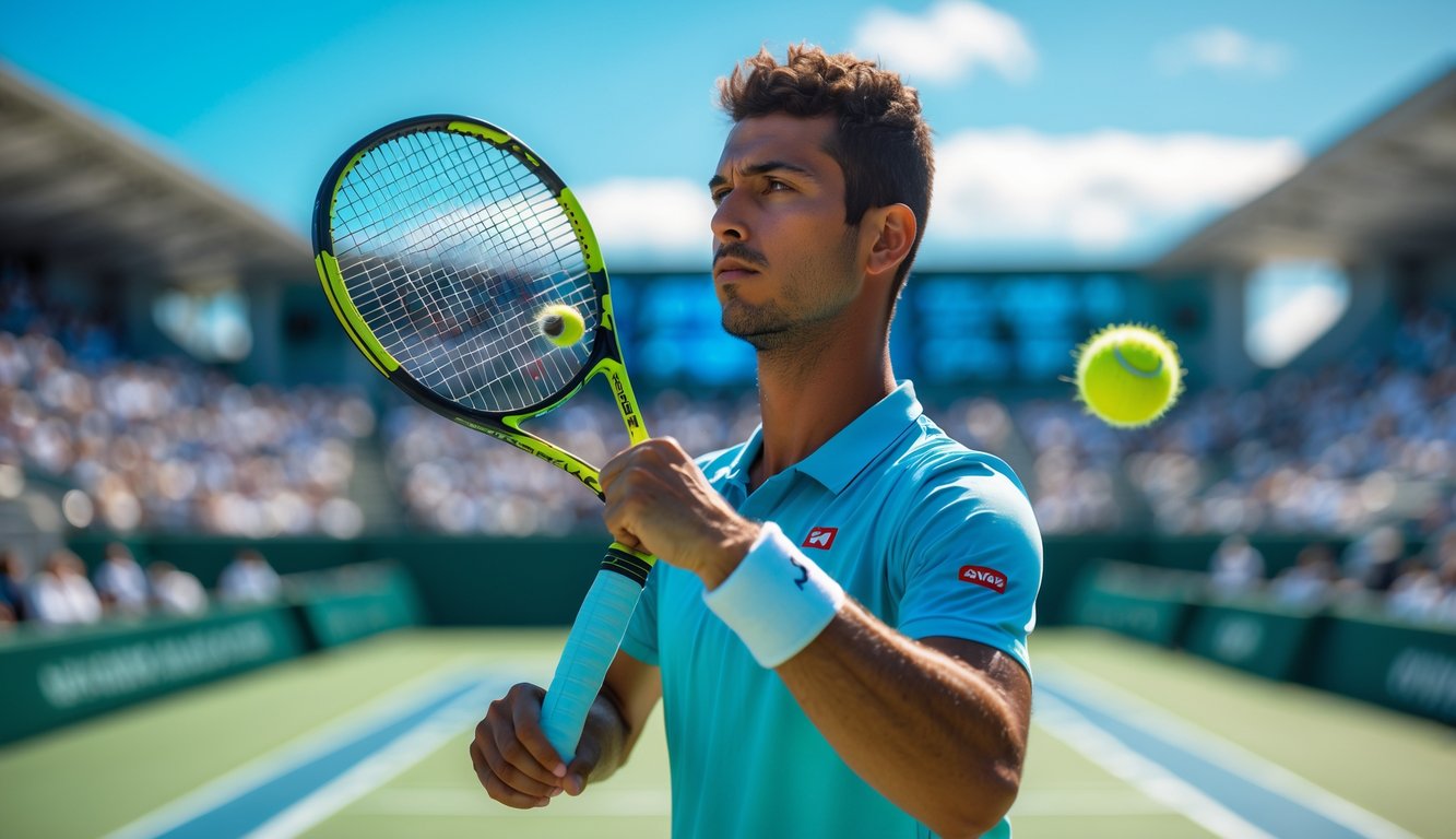 Seorang pemain tenis sedang bersiap melakukan servis di lapangan tenis Grand Slam dengan tribun penonton di latar belakang.