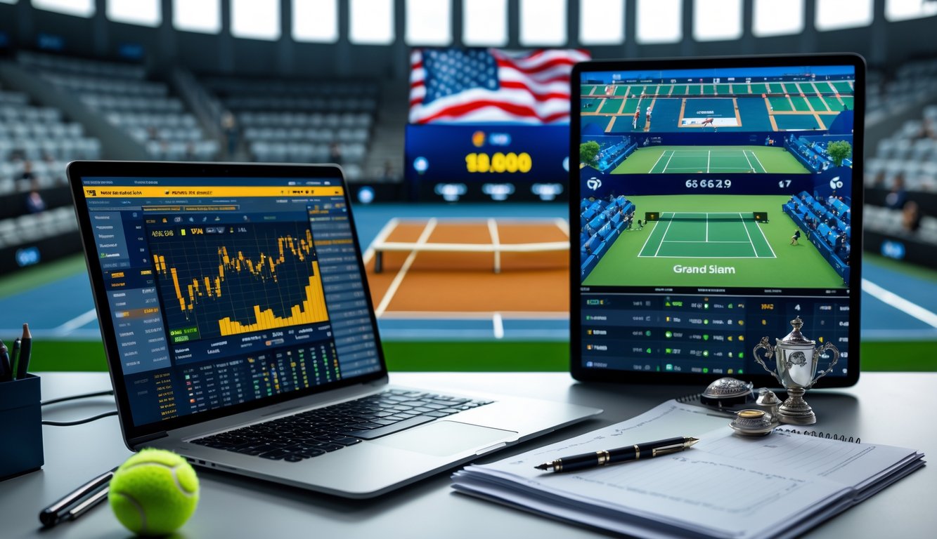 Meja kerja dengan laptop yang menampilkan statistik pertandingan tenis, catatan tertata rapi, dan layar besar menampilkan pertandingan tenis Grand Slam secara langsung.