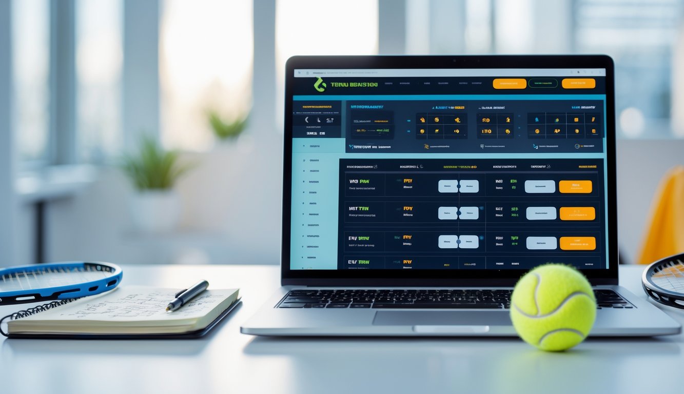 Seorang pria sedang bekerja di depan laptop dengan situs taruhan tenis terbuka, di meja terdapat raket tenis dan bola tenis.
