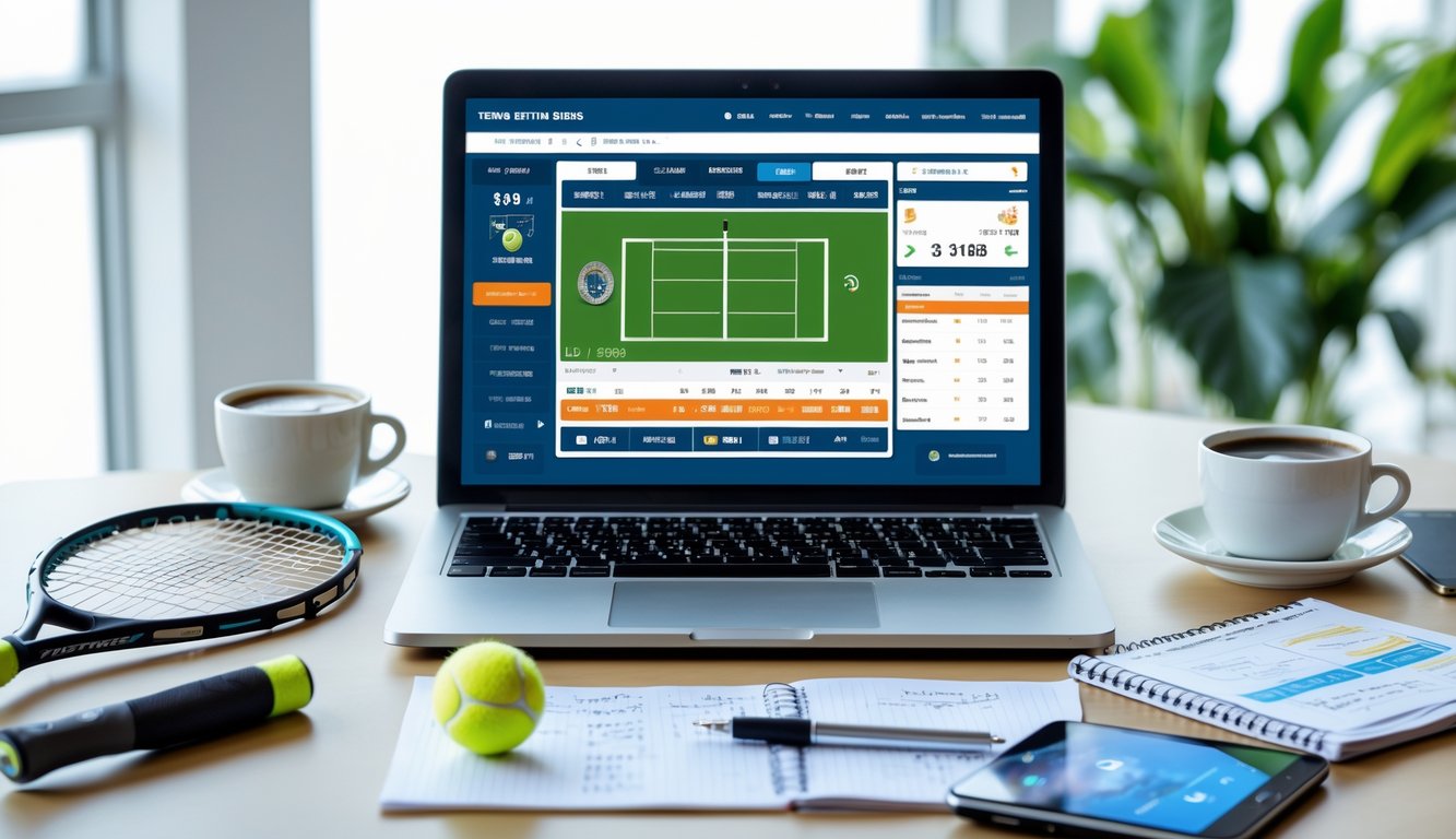 Seseorang sedang bekerja dengan laptop yang menampilkan data taruhan tenis dan alat tenis di atas meja.