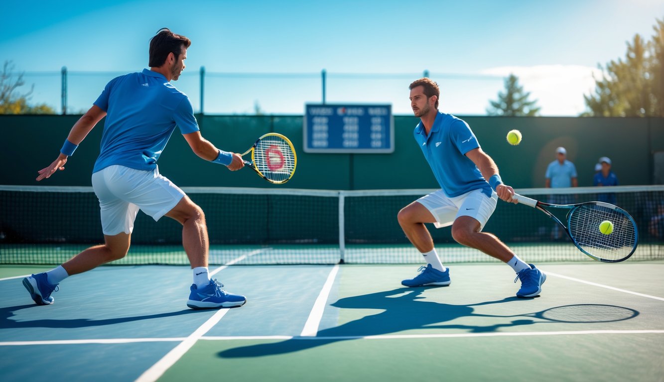 Dua pemain tenis pria sedang bertanding di lapangan tenis luar ruangan dalam pertandingan yang intens.