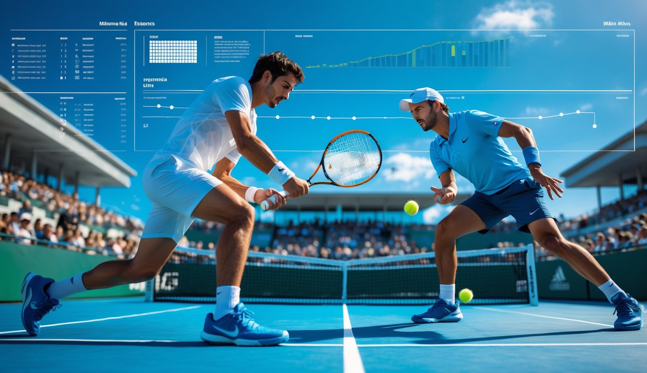 Dua pemain tenis pria sedang bertanding dengan intens di lapangan tenis luar ruangan dengan penonton di latar belakang.