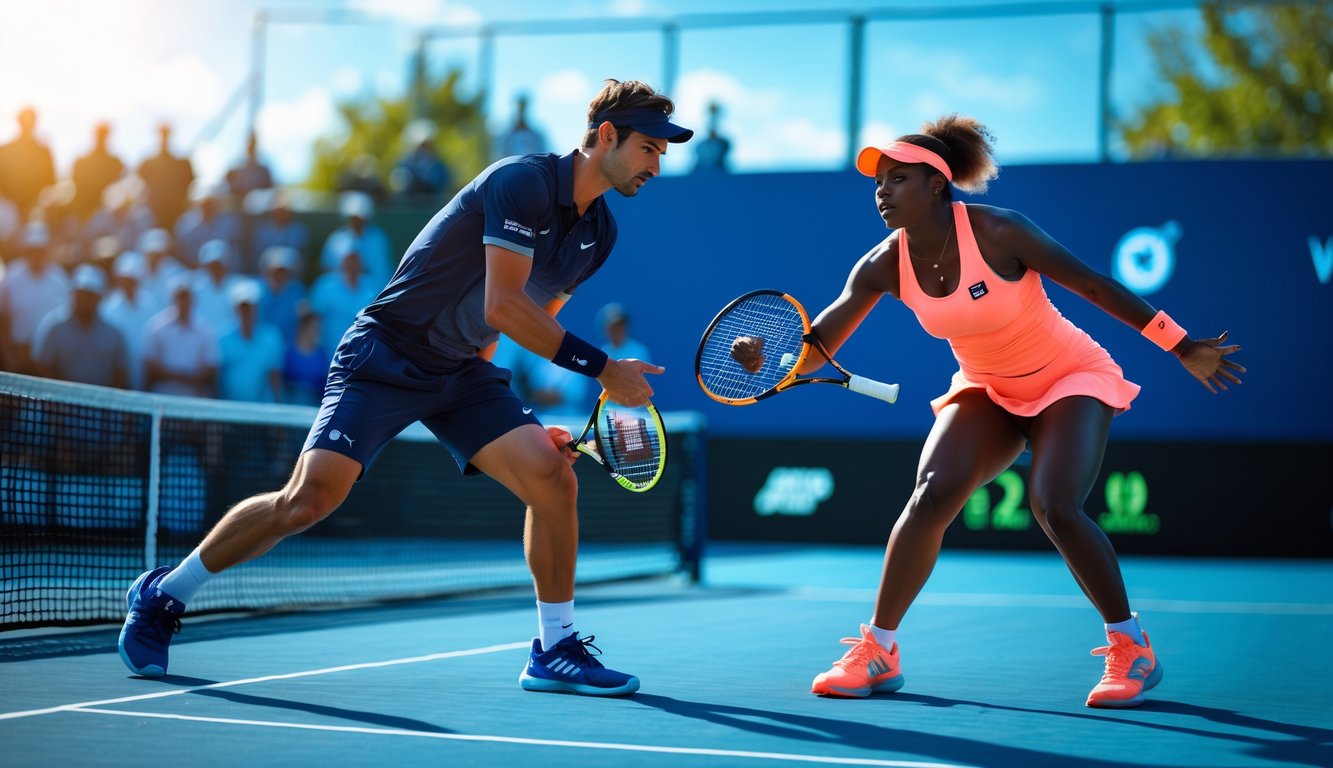 Dua pemain tenis profesional pria dan wanita sedang bertanding di lapangan tenis luar ruangan pada hari cerah.