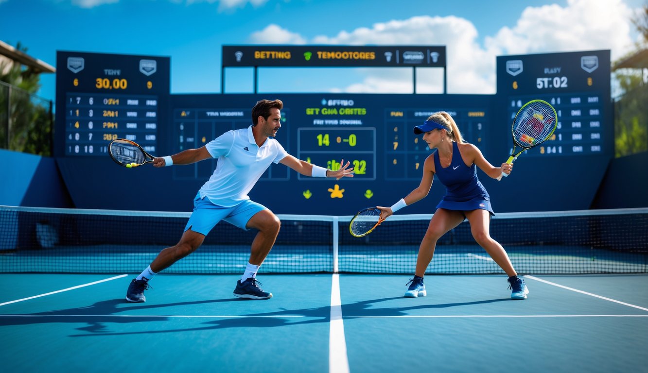 Dua pemain tenis profesional, pria dan wanita, sedang bermain di lapangan tenis dengan papan skor dan grafik taruhan di latar belakang.