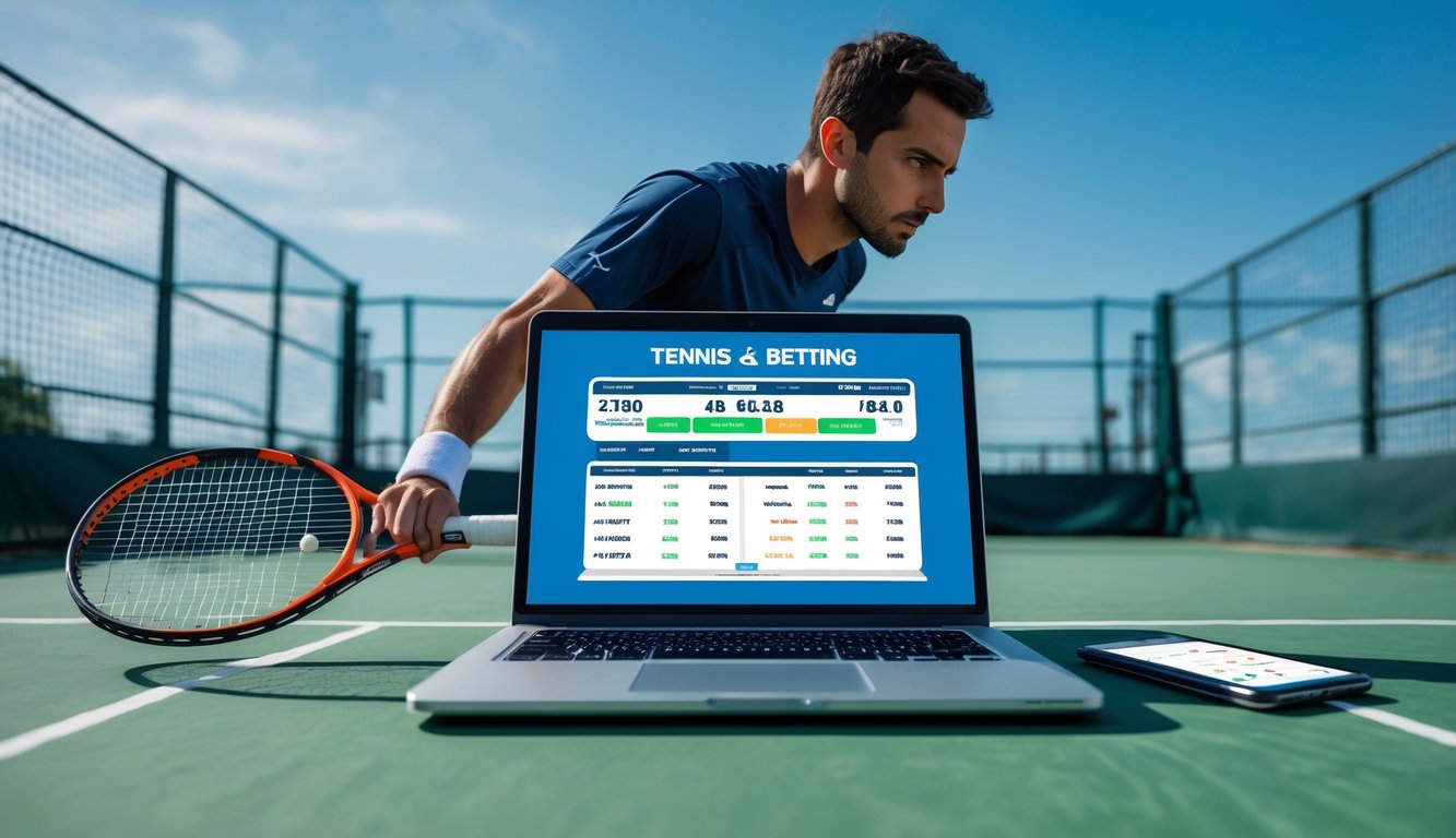 Seorang pemain tenis pria sedang bermain di lapangan tenis dengan laptop dan ponsel yang menampilkan data taruhan tenis di dekatnya.