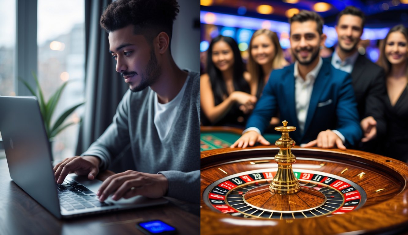 Seseorang bermain roulette online di laptop di rumah, dan sekelompok orang bermain roulette di meja kasino dengan dealer.