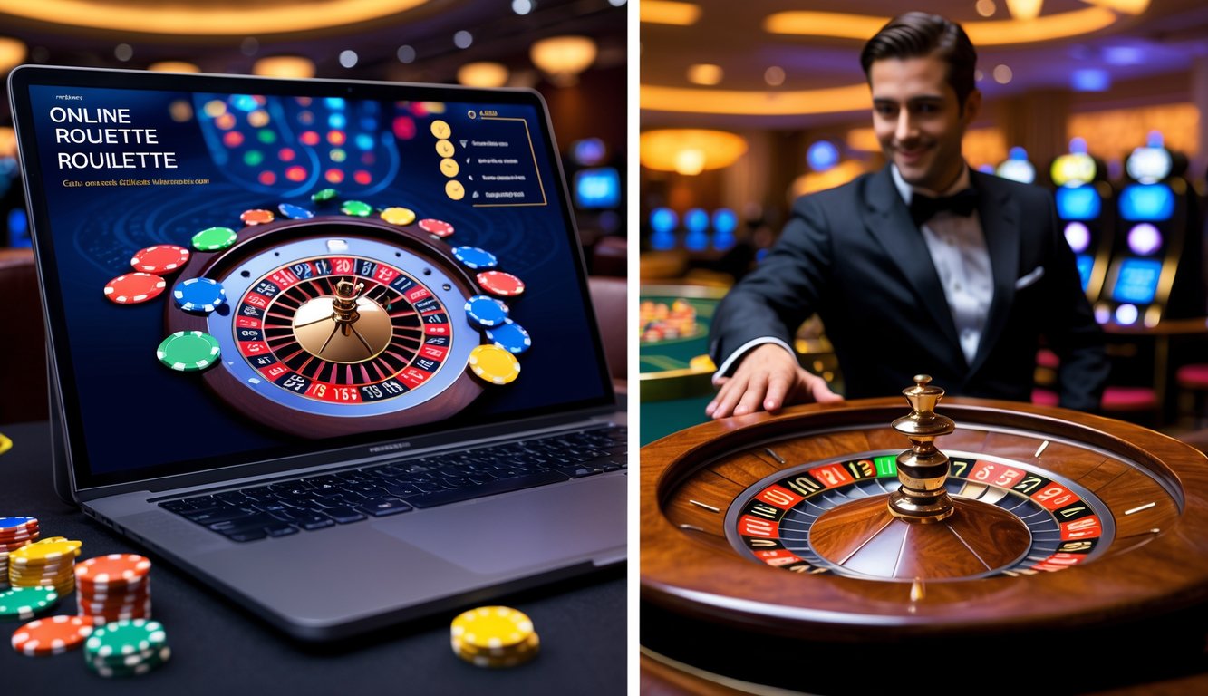 Gambaran perbandingan antara roulette online di layar komputer dan roulette kasino dengan meja dan dealer di kasino.