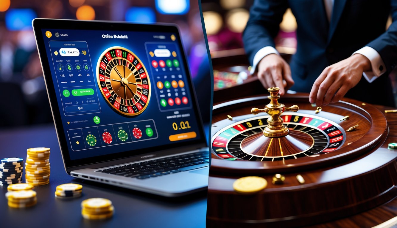 Gambar perbandingan antara permainan roulette online di layar laptop dan roulette kasino tradisional dengan meja dan roda roulette fisik.