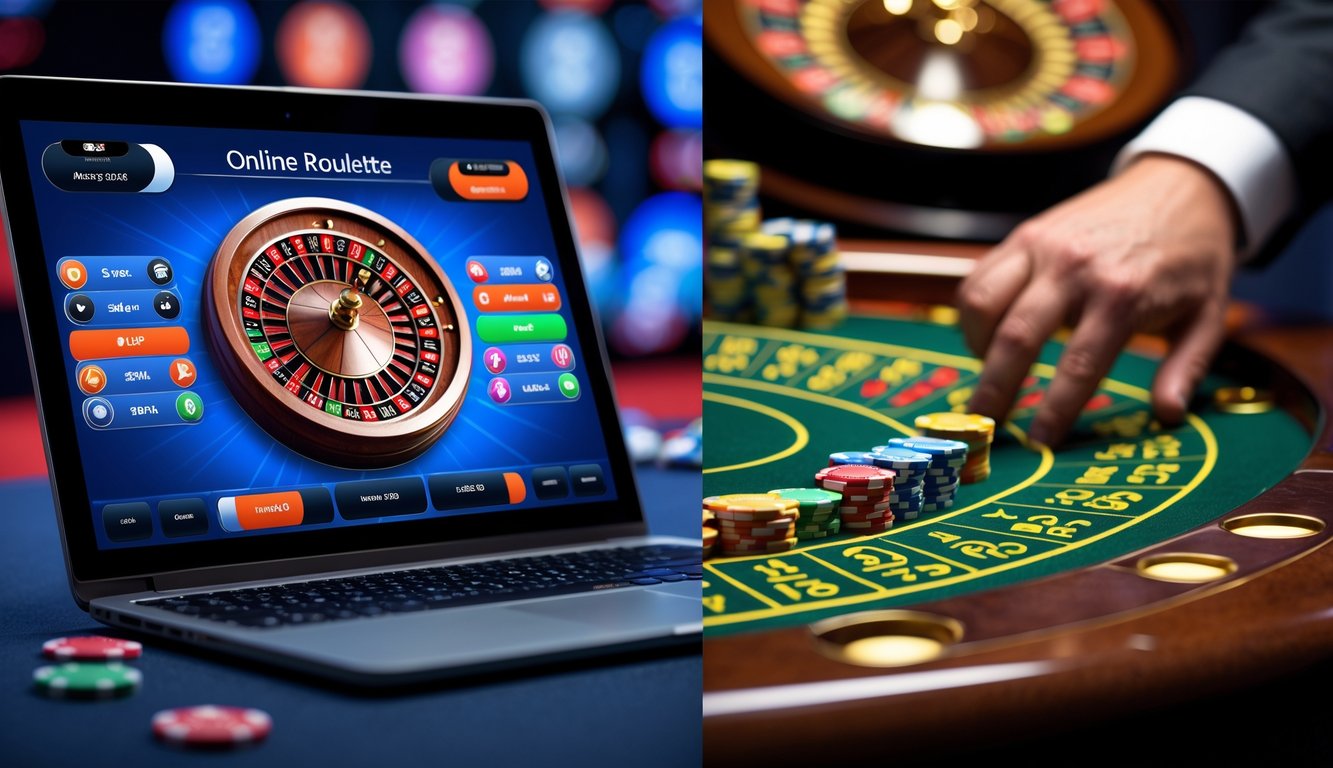 Gambar perbandingan antara permainan roulette online di layar komputer dan roulette tradisional di meja kasino dengan roda roulette dan chip.