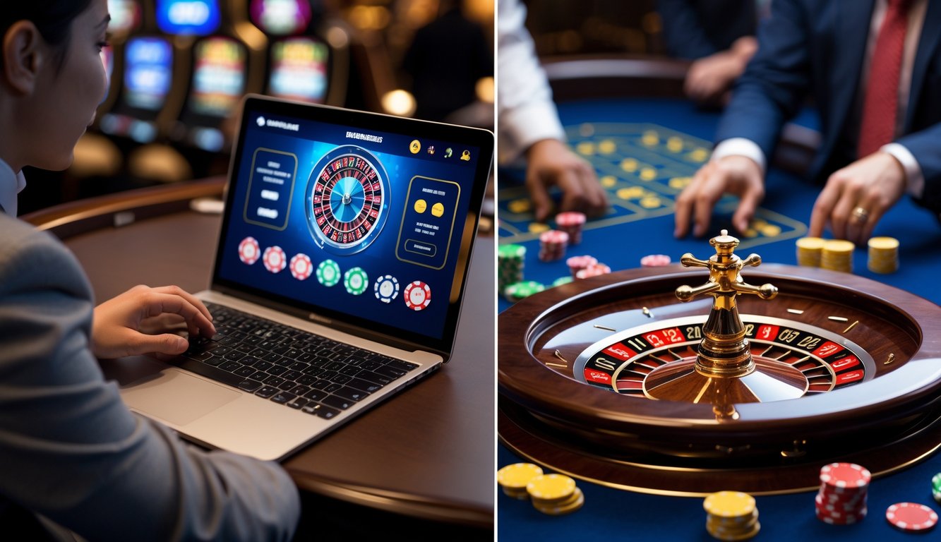 Seseorang bermain roulette online di laptop di rumah, berdampingan dengan meja roulette asli di kasino dengan dealer dan pemain.