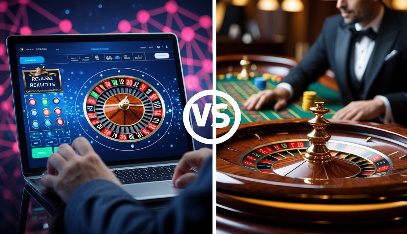 Gambaran perbandingan antara roulette online dengan seseorang menggunakan laptop dan roulette kasino asli dengan meja roulette dan dealer di kasino.