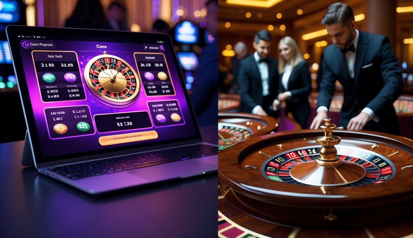 Gambar yang menunjukkan perbandingan antara roulette online di layar perangkat dan roulette fisik di kasino dengan meja dan pemain.